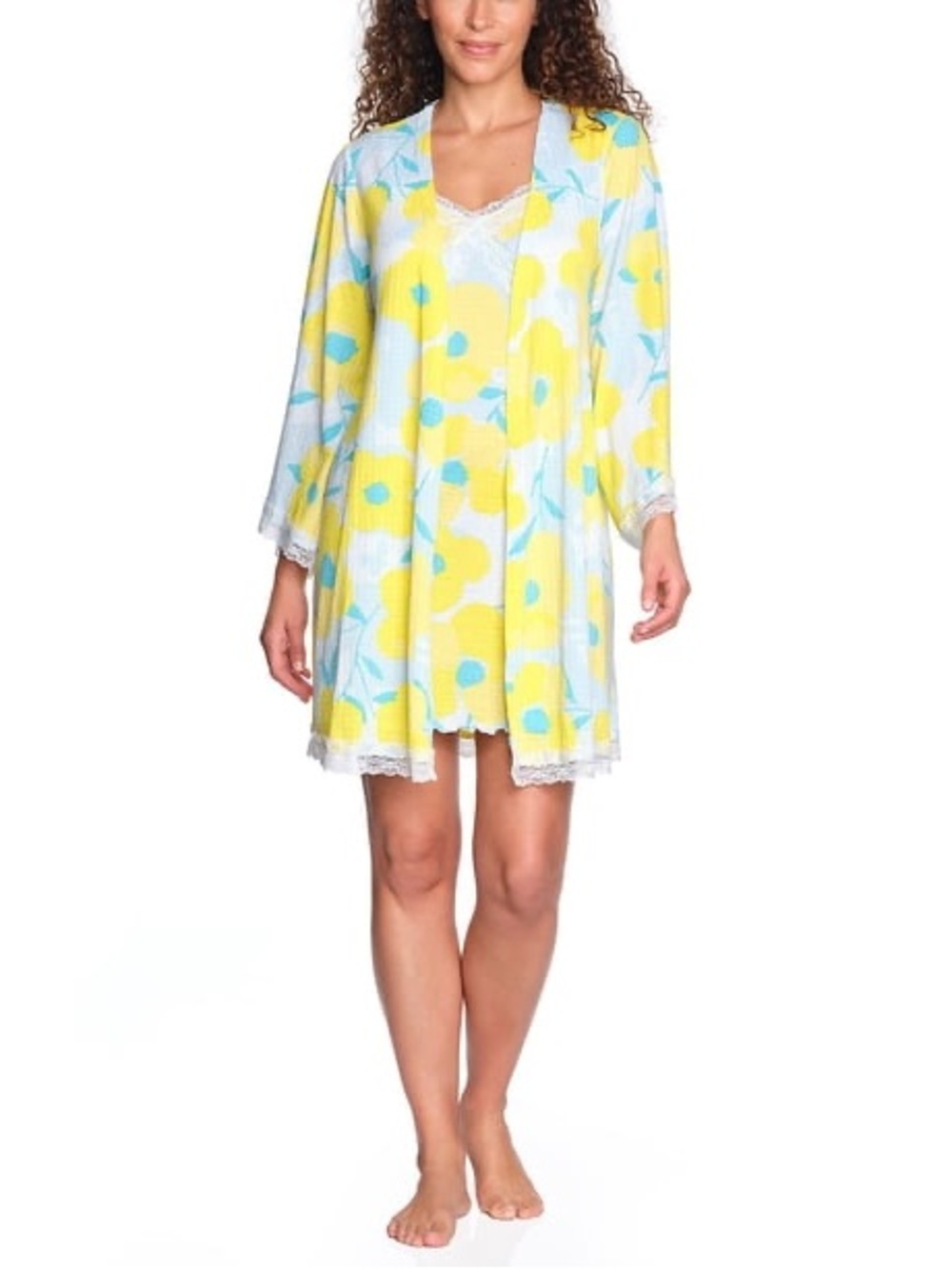 LOFT Yellow and Light Blue Floral Lace-Trim Sleep Robe